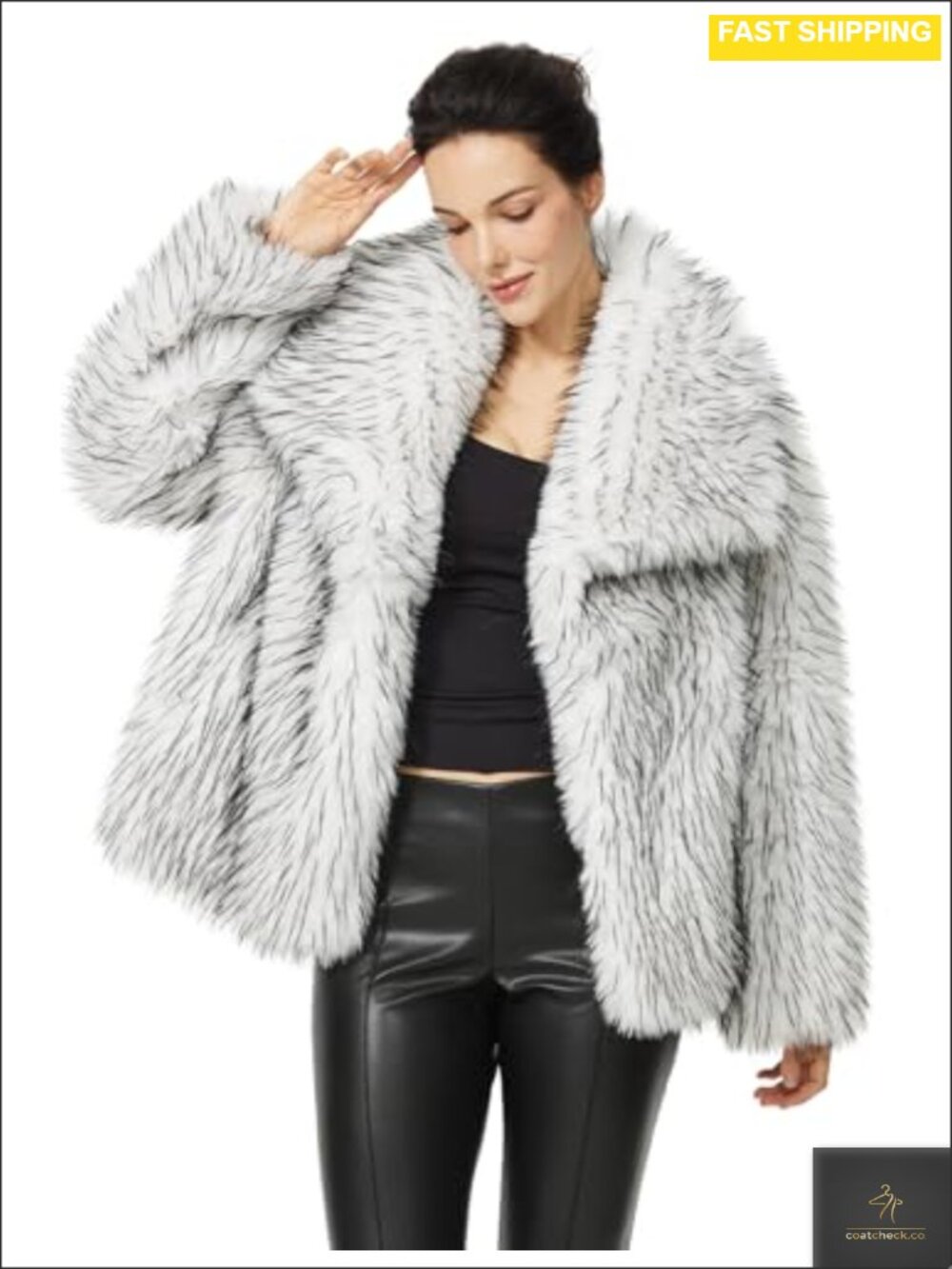 Faux Fox Fur Coat Long Sleeve Shaggy Cropped Jacket with Lapel Collar